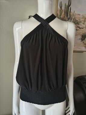 White House Black Market Black Cross-Halter Smocked Tank